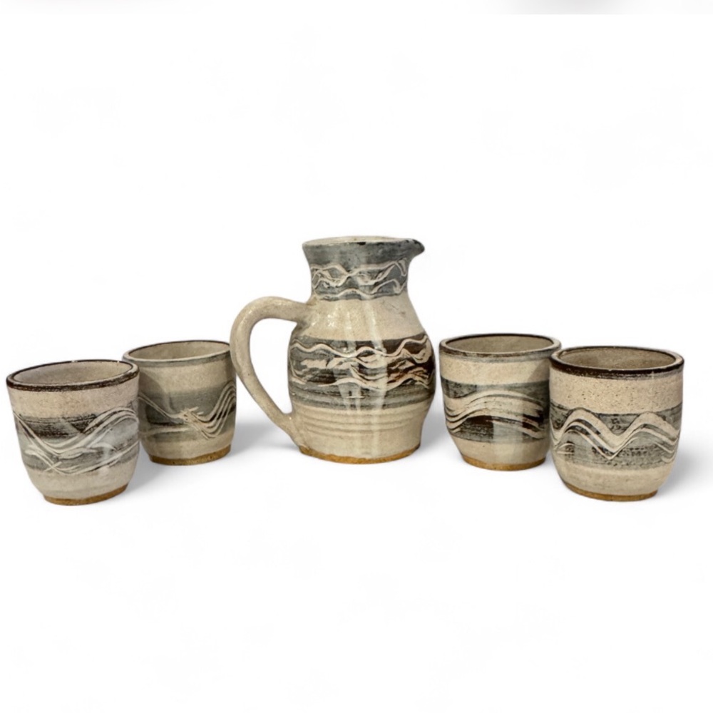 Vintage Primitive Farmhouse Pottery Pitcher Glass Vessel Set French Cottagecore